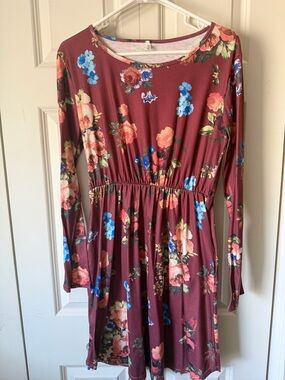 Floral Long sleeve dress with Blue & Green Accents